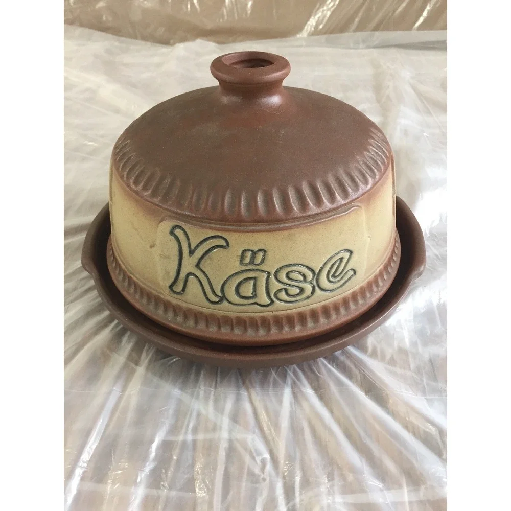Vintage German Ceramic‎ Käse Cheese Dome Covered Dish Brown Beige Stoneware MCM